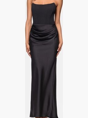 Betsy & Adam Black Strapless Satin Draped Maxi Dress